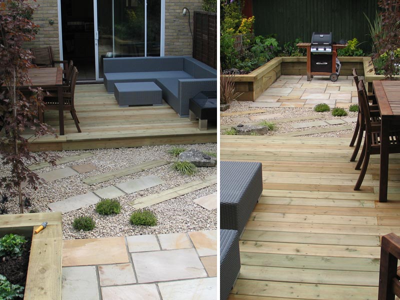 Courtyard garden with decking, gravel, paving and raised bed