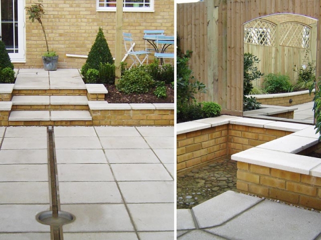 Courtyard garden on two levels with stainless steel rill and relective pool