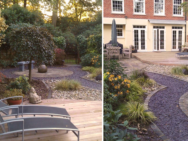 Courtyard garden with deck, circle feature and water feature