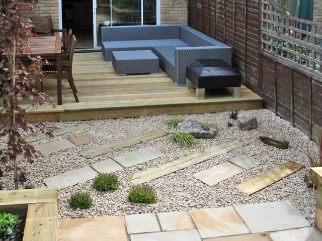 Compact garden with decking lounge area