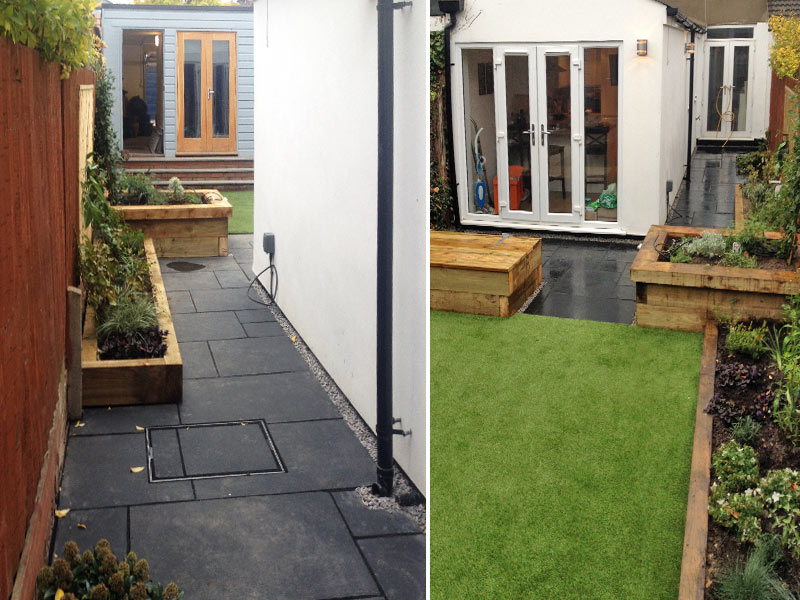 Tiny courtyard garden with limestone paving, artifical turf, built-in storage benches and sleeper raised beds