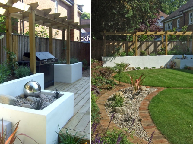 Pergola, white rendered walls and circular lawns