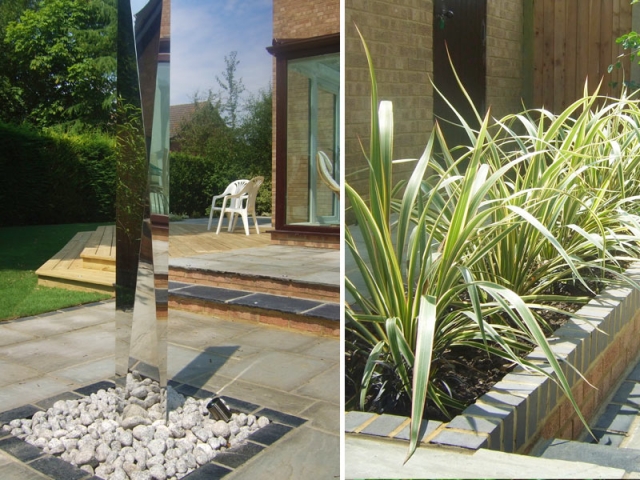 Stainless steel sculpture and block planting