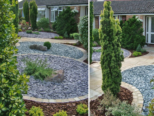 Contrasting coloured circles of slate replace the lawn and simple evergreen planting provides yearound structure in this low maintenance front garden.