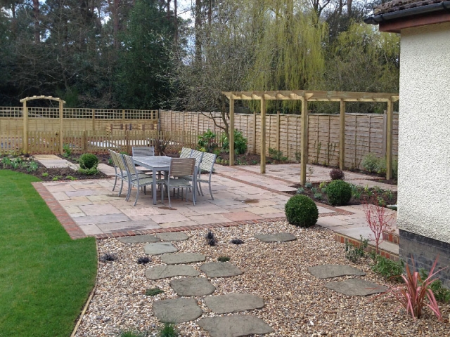 Dining area with pergola and kitchen garden behind