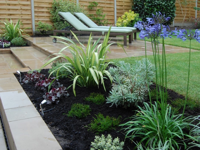 Phormium yellow wave, with Euphorbia glacier blue and Agapanthus Big Blue